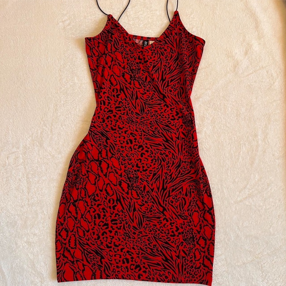 Red and black leopard print mini body on dress